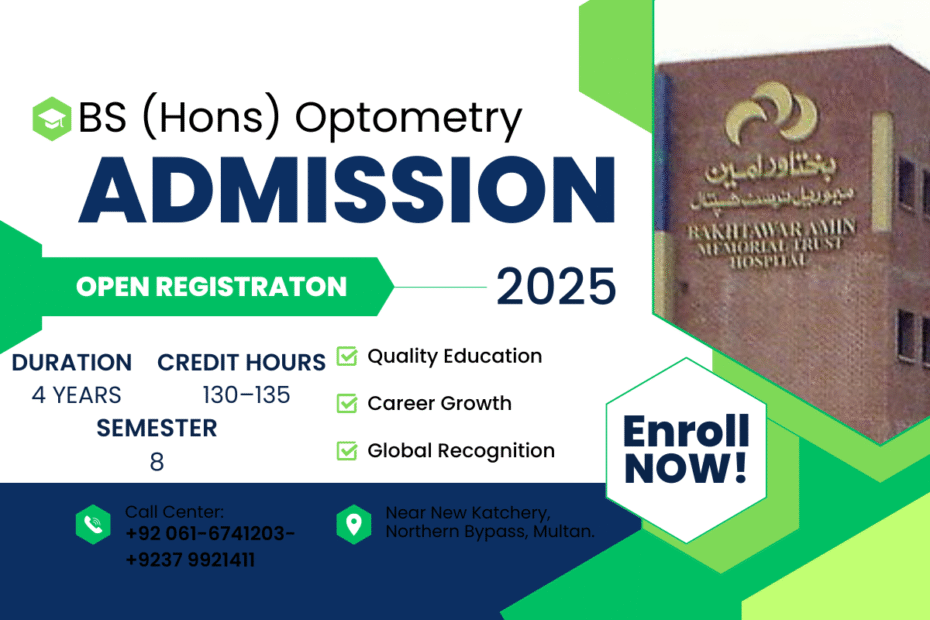 BS Optometry Admission 2025 open at Bakhtawar Amin Medical & Dental College Multan. UHS-affiliated 4-year degree with scholarships up to 100%. Apply now!